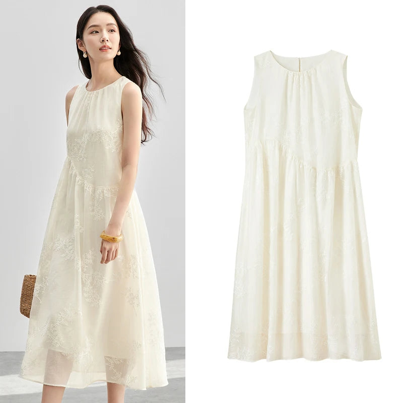 SENTUBILA Women Summer Dress 2026 Elegant Ladies Embroidery O Neck Sleeveless Tank Holiday Vacation Long Dresses Woman 151L58207
