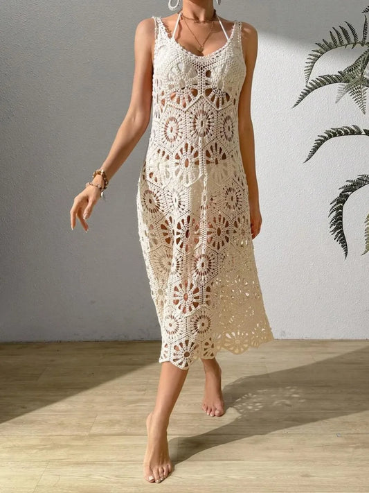3D Flower Knitted Sling Long Dress Women Sexy Deep V-neck Backless Sleeveless Lace Up Femme Robes 2026 Summer Beach Dresses