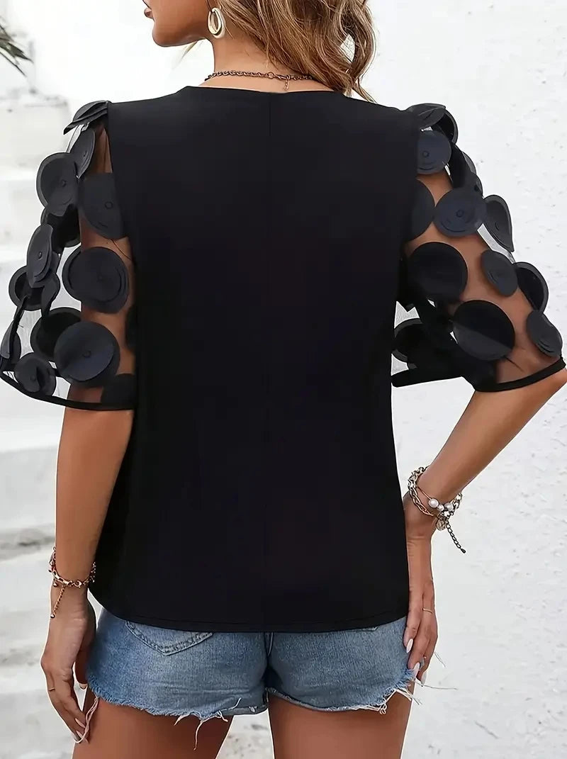 Women V Neck Blouse With Sheer Puff Sleeves And 3D Circle Appliques Casual Elegant Party Top