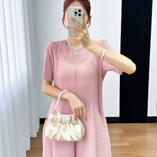 Miyake Y2k Pleated Women's Dress Bubble Short-sleeved Loose Slim Thin Medium-length Dresses for Women Summer New