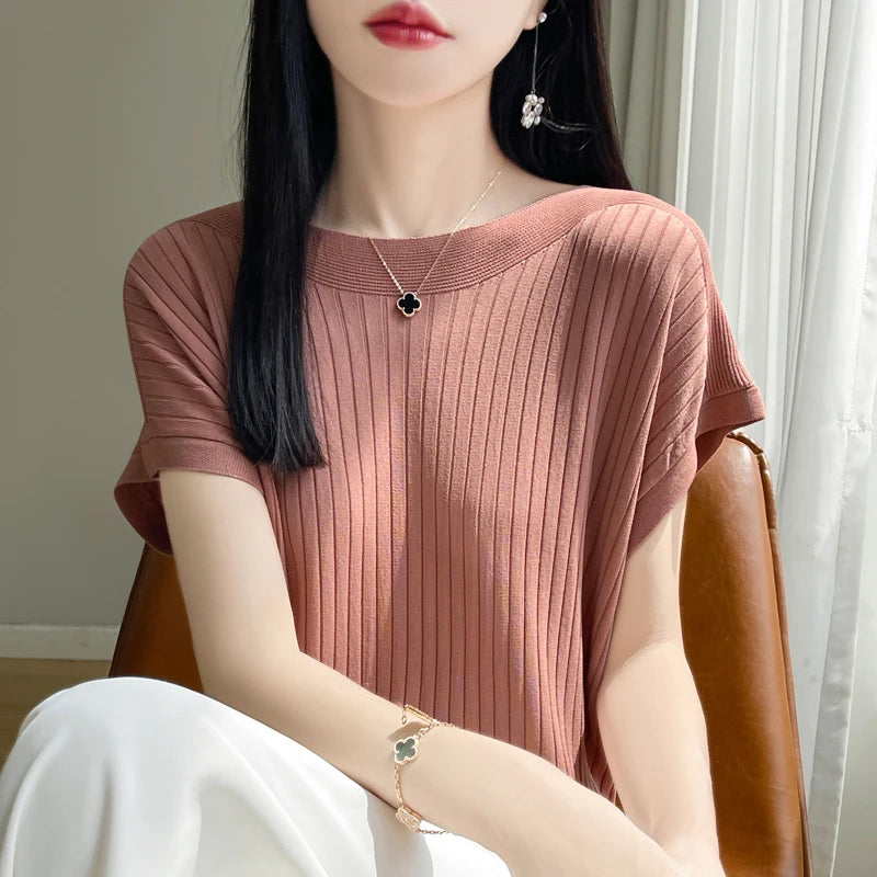 2026 Fashion Slash Neck Women Sweater Ice Silk Spring Summer Knitted Sweater Loose Casual Korean Shirts Short Sleeve Knitwears