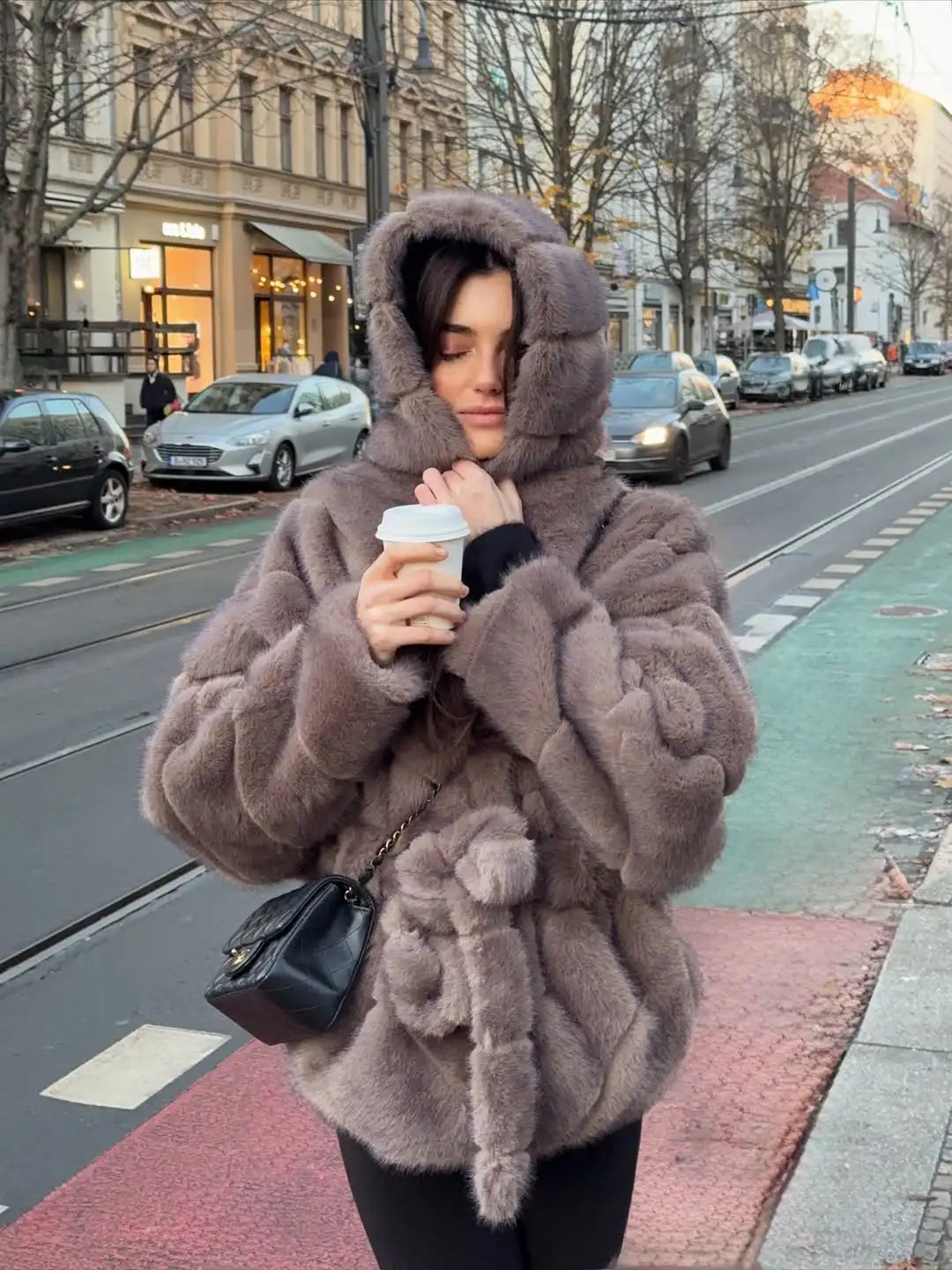 Luxury Hooded Lace Up Faux Fur Coat Women Elegant V-neck Long-sleeved Loose Warm Jacket Lady Winter Daily High Street Outerwear