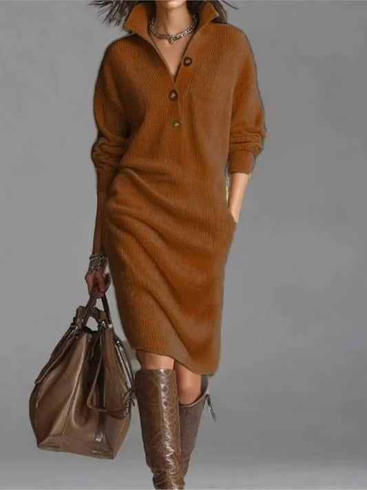 Autumn Fashion Knitted Button Lapel Women Dress Casual Loose Pocket Lazy Straight Over The Knee Long Sleeve Sweater FemaleDress