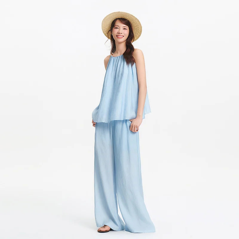 Semir Bowknot Strap Wide Leg Pants Set Women Summer New Linen Like Textured Two Piece Outfit for Vacation Style