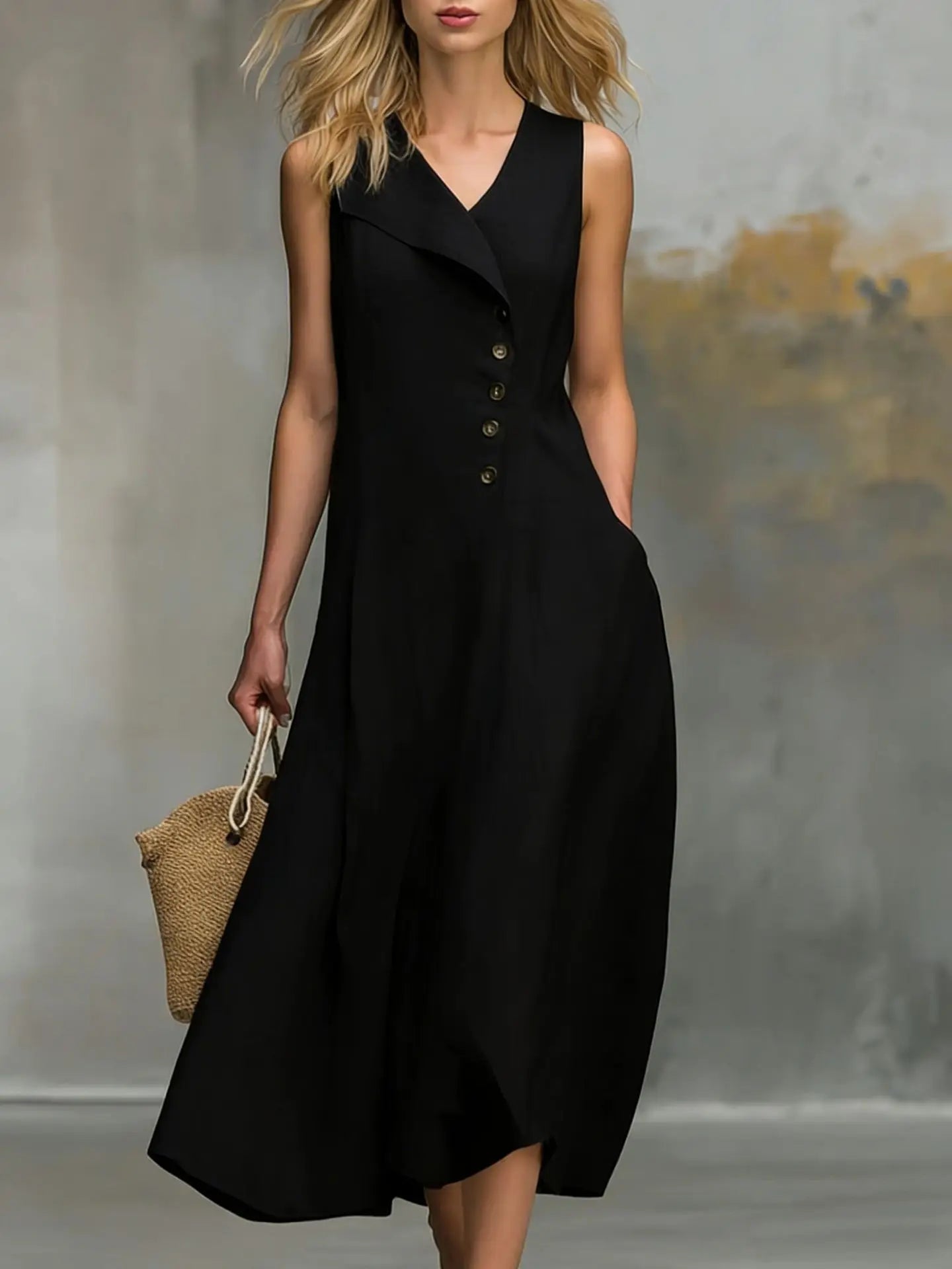 Women's Solid Color Lapel Buttons Maxi Dresses Summer With Pockets Sleeveless A-line Sundress Casual Loose Holiday Party Dress