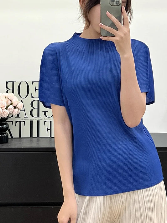 LANMREM Pleated Women's T-shirt New Fashion Simple Elastic Loose Stand Collar Short Sleeve Pullover Top Chic Tee 2DB3606