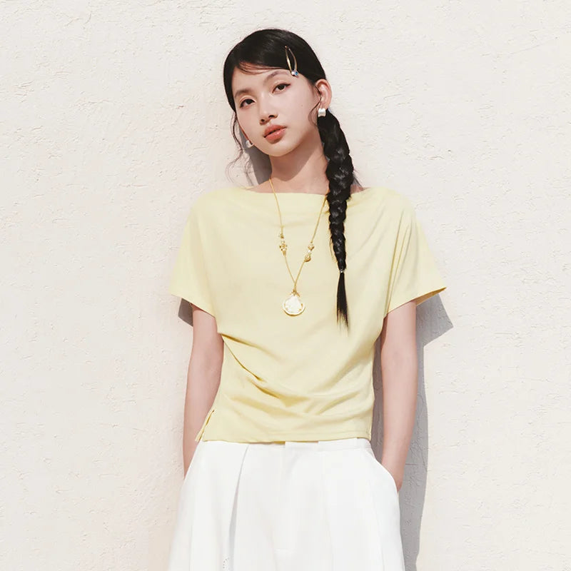 Semir Womens Tshirt 2026 Short Style Draped Neck Slit Ruched Slim Raglan Sleeve Casual Fashion