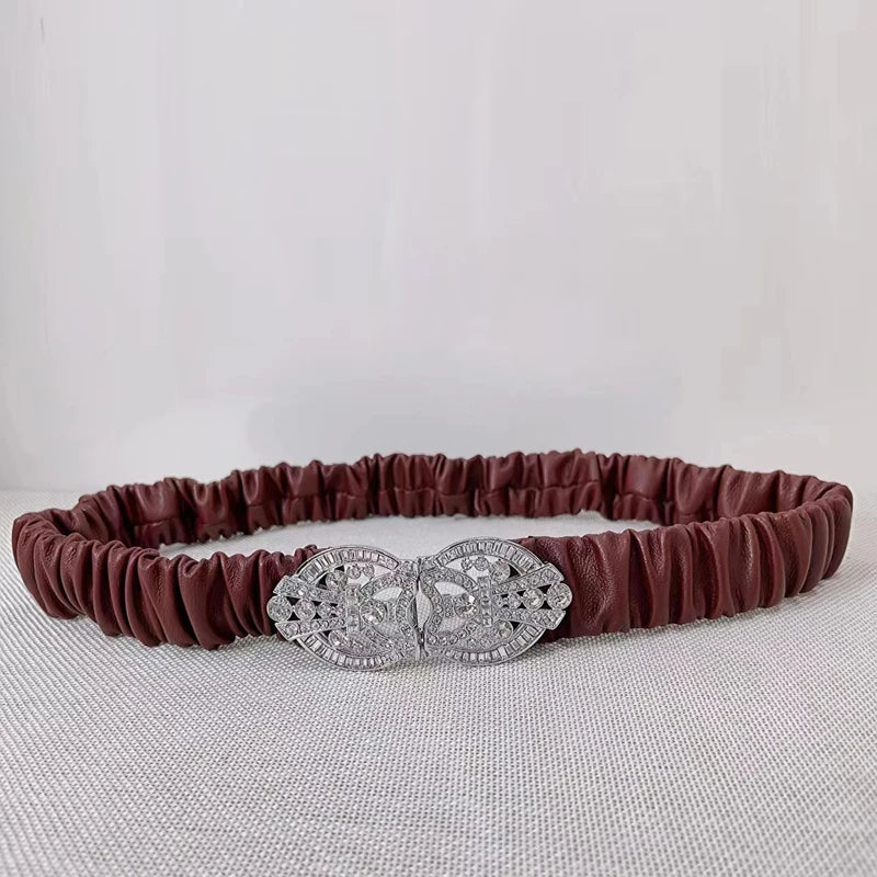 Rhinestone silver buckle sheepskin elastic waistband, elastic diamond buckle waistband, pure white leather soft belt