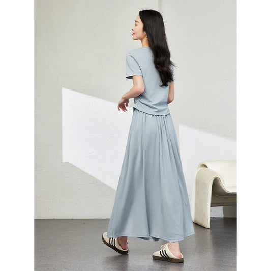 VIMLY Summer Sporty Casual Set Soft Air Cotton Short Sleeve Top Elastic Waist Loose Skirt Two Piece Solid Women Set Skirt M7669