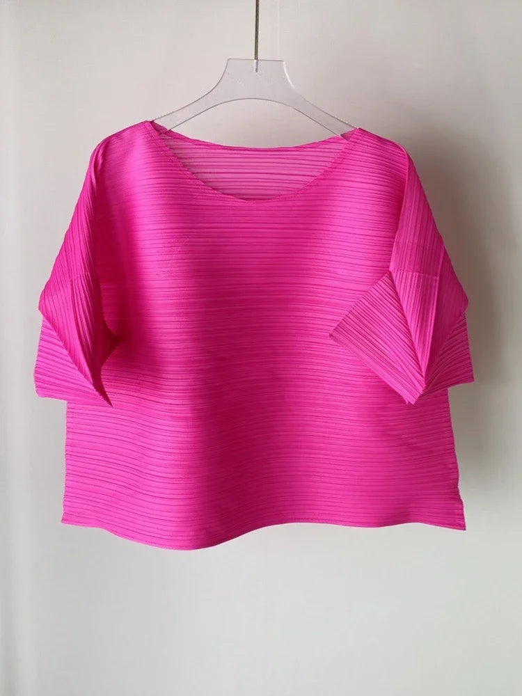 YUDX Pleated T-shirt For Women O-neck Flare Sleeves Solid Color Casual Tops Versatile Summer New Clothing