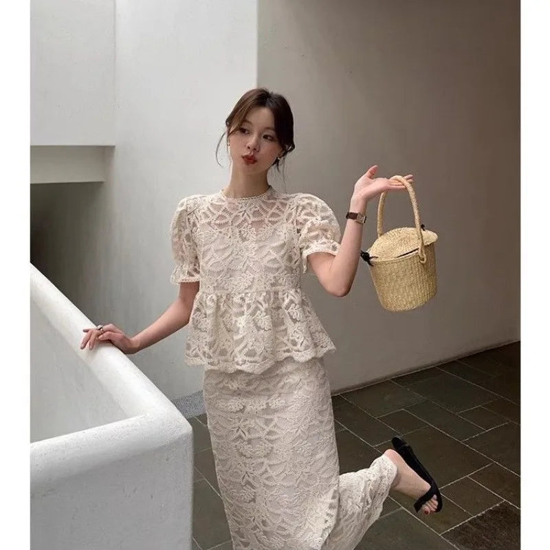 New Luxury High End Lace Two Piece Set Women Summer Fashion Hollow Out Embroidery Short Sleeve Patchwork Top + Slim Skirt Suit