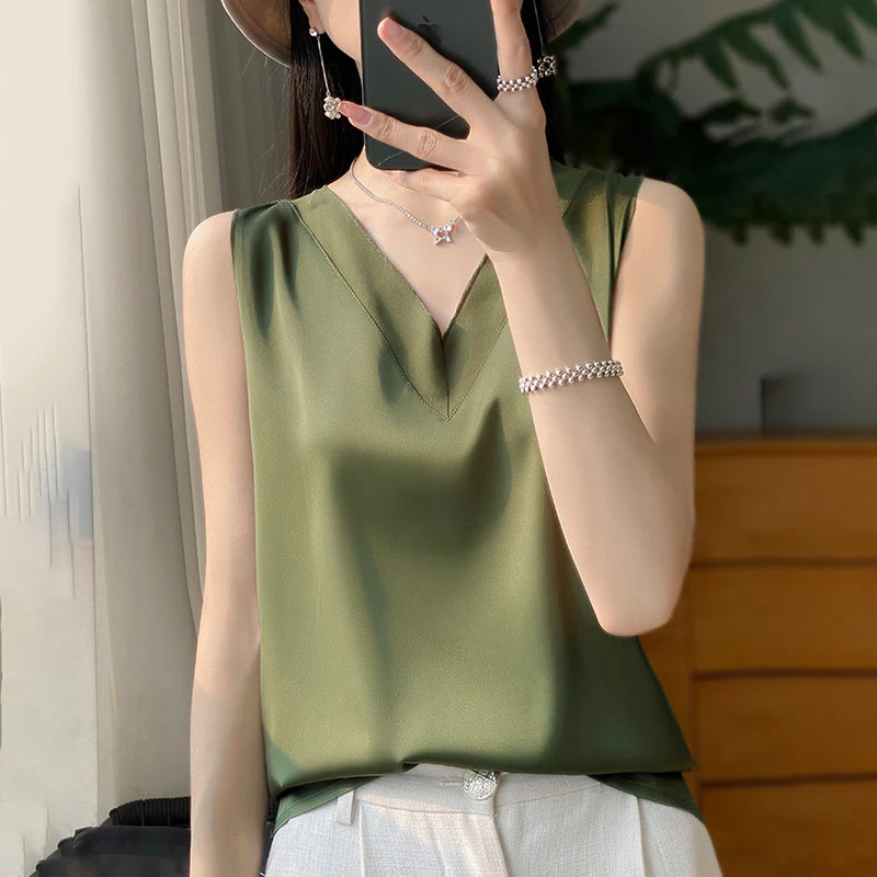 Silk Faux Thin Short Sleeve Tees All-Match Basic T-Shirt Slip Woman Summer Clothes Elegant Tops Solid Loose Casual Fashion