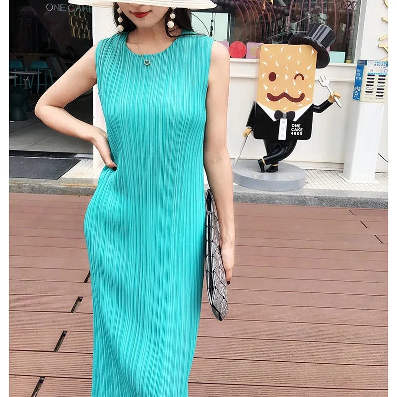 Miyake Pleated Dress Spring Summer Fashion Women Sleeveless Vest Dress High Elastic Slim Long Vestidos Female Strap Dresses