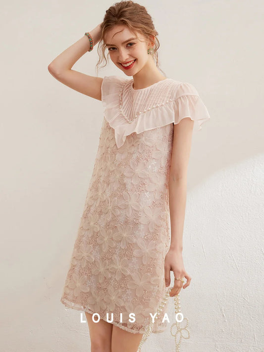 LOUIS YAO Summer Retro Embroidered Bead Skirt Elegant Round Neck Folded Ruffle Short Sleeve Dress