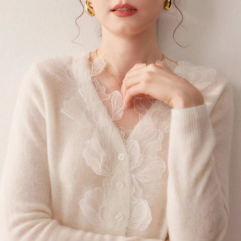 Luxury Women's 100% Cashmere Sweater Cardigans V-neck Knit Tops Autumn Winter Casual Leaf pattern lace cardigan Soft Knitwear