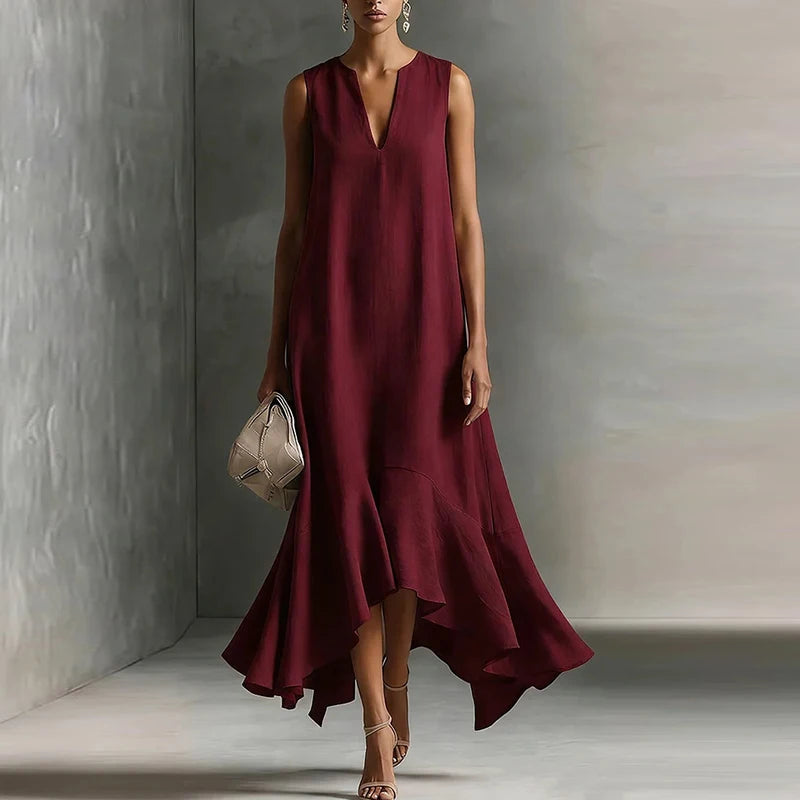 Fashion Women Sleeveless V Neck Long Dress Ruffle Hem Irregular Sundress Summer Casual Loose Beach Holiday Dress Boho