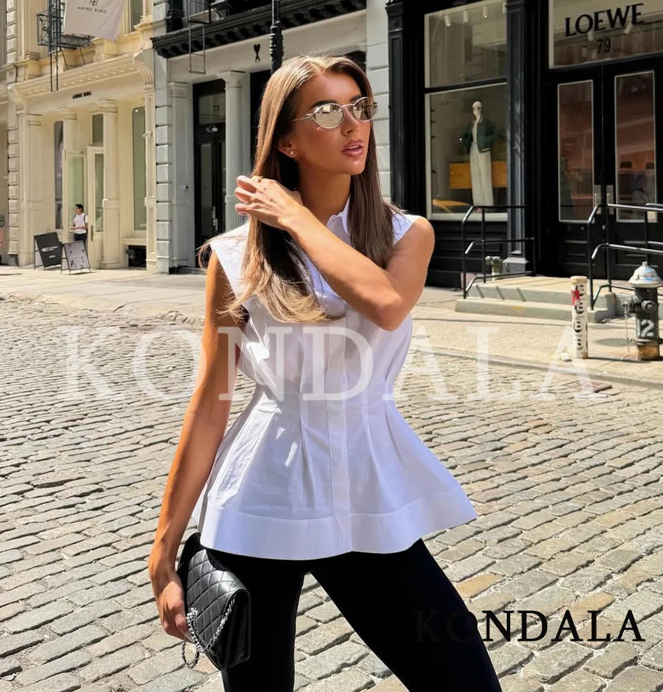KONDALA Casual High Street Sleeveless Shirts Women Trendy Pleated Hem Shirts New 2026 Spring Summer Fashion Commute Vest Shirts