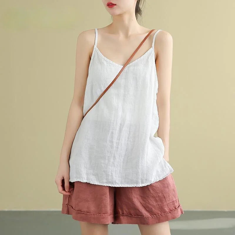 Women's Summer Top Cotton Linen Spaghetti Strap Top Women Halter V Neck Basic Yellow Sleeveless Tank Tops Loose Casual Camis