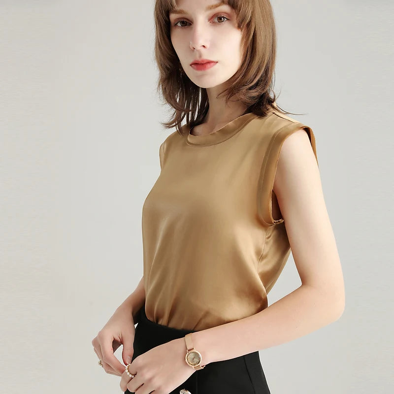 SuyaDream Women Silk Tanks 100%Real Silk Satin Sleeveless Solid Tank Tops Summer Elegent Vests