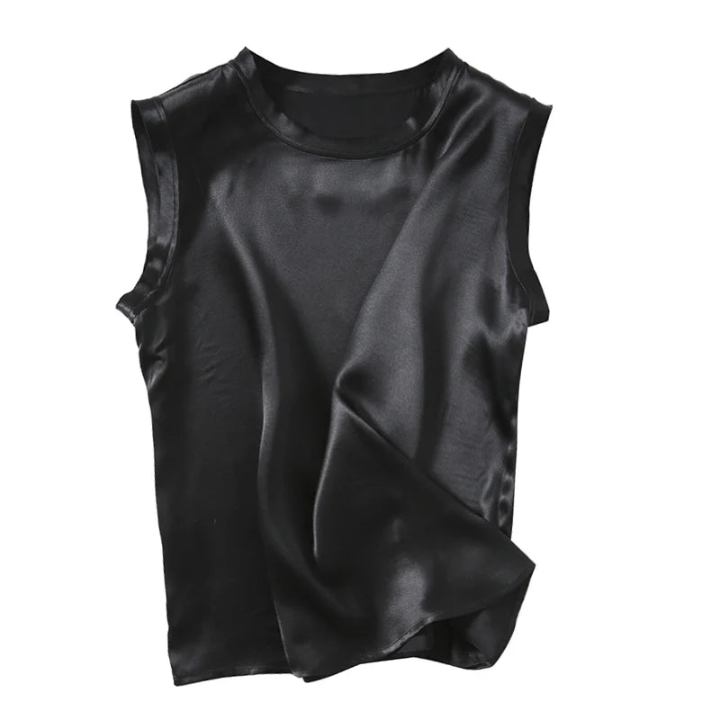 SuyaDream Women Silk Tanks 100%Real Silk Satin Sleeveless Solid Tank Tops Summer Elegent Vests