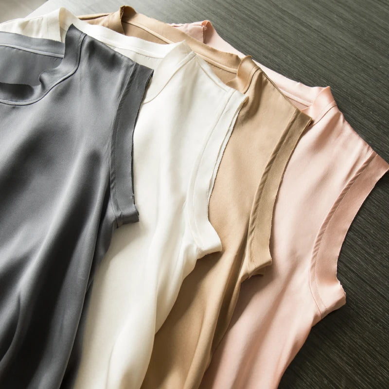 SuyaDream Women Silk Tanks 100%Real Silk Satin Sleeveless Solid Tank Tops Summer Elegent Vests