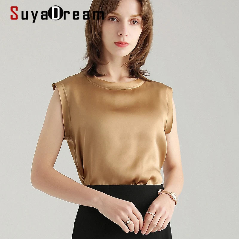 SuyaDream Women Silk Tanks 100%Real Silk Satin Sleeveless Solid Tank Tops Summer Elegent Vests