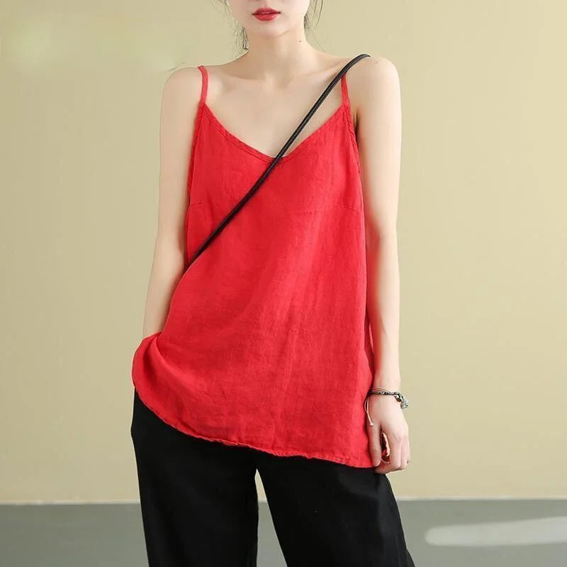 Women's Summer Top Cotton Linen Spaghetti Strap Top Women Halter V Neck Basic Yellow Sleeveless Tank Tops Loose Casual Camis