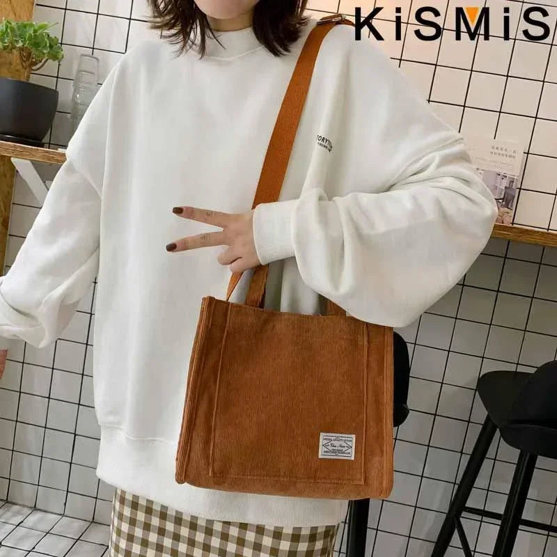 Fashionable Corduroy Shoulder Bag for Women Large Capacity Handbag Portable Small Square Crossbody Bag Trendy Style