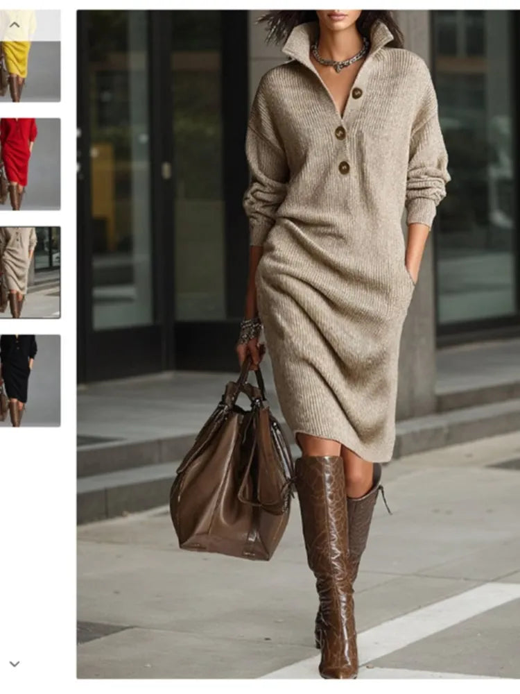 Autumn Fashion Knitted Button Lapel Women Dress Casual Loose Pocket Lazy Straight Over The Knee Long Sleeve Sweater FemaleDress