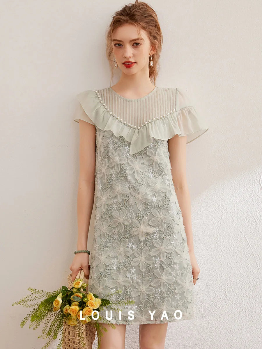 LOUIS YAO Summer Retro Embroidered Bead Skirt Elegant Round Neck Folded Ruffle Short Sleeve Dress