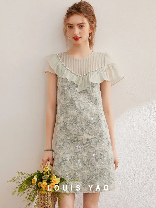 LOUIS YAO Summer Retro Embroidered Bead Skirt Elegant Round Neck Folded Ruffle Short Sleeve Dress