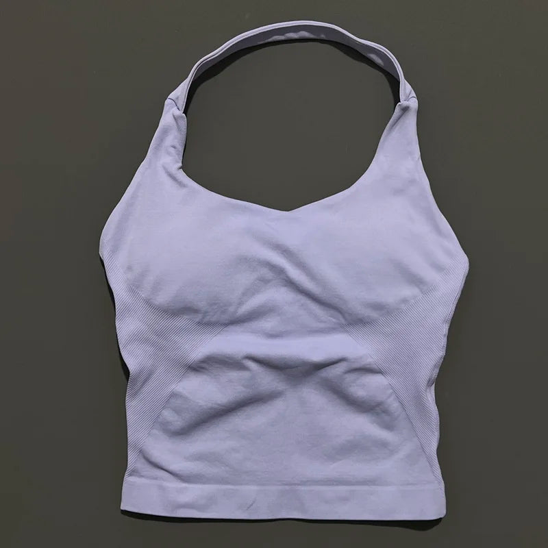 HISTELLO Impact Halter Top Seamless Longline Strappy Gym Tank Top Women Yoga Clothing Workout Fitness Sportswear Pilates Vest