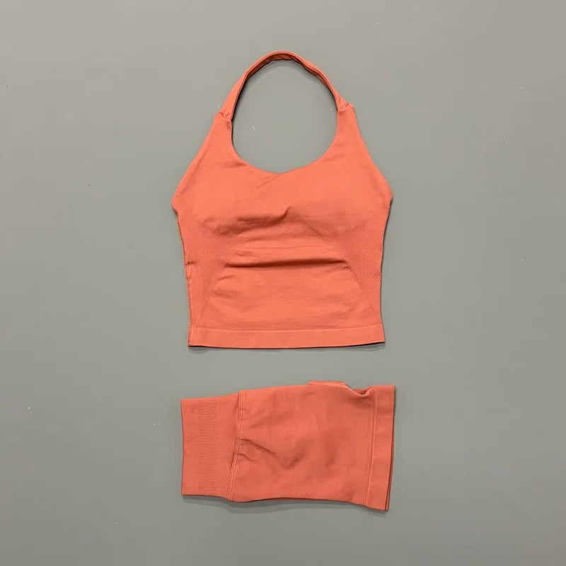 2 Pieces Sports Halter Top Strappy Bra Shorts Set Women Seamless Yoga Gym Leggings Set Running Fitness Sports Shorts Suit