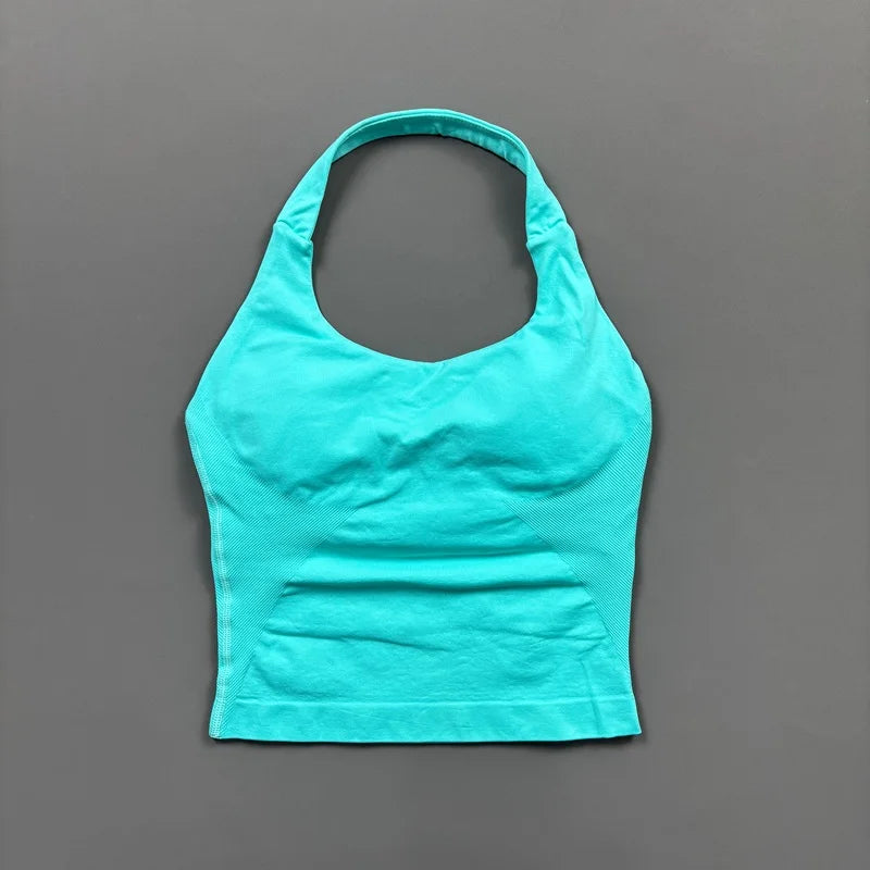 HISTELLO Impact Halter Top Seamless Longline Strappy Gym Tank Top Women Yoga Clothing Workout Fitness Sportswear Pilates Vest