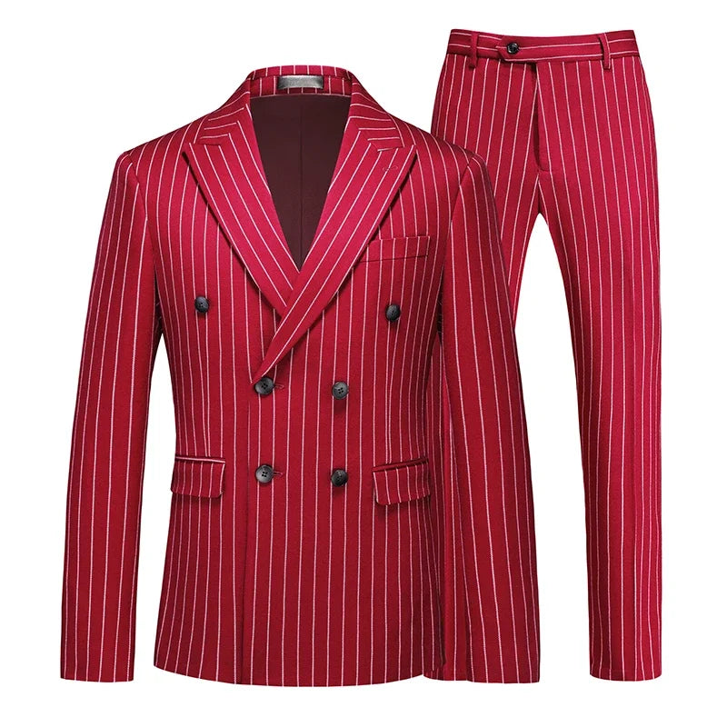Fashion Men Double Breasted Striped Suit 2 Piece Black / Wine Red Party Blazers and Trousers