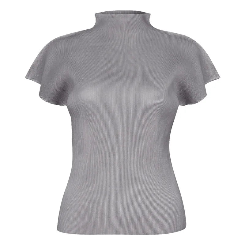 Miyake Summer New Minimalist Semi High Neck Slim Fit T-shirt  Versatile Small Top Women's Vest Clothing Feminist