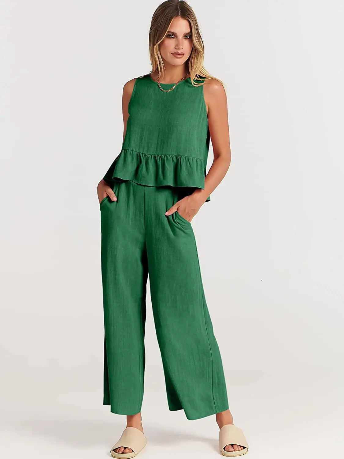 Women's New Summer Suit Solid Color Casual Sleeveless Pleated Round Neck Vest Button Wide Leg Nine-point Pants Two-piece Set