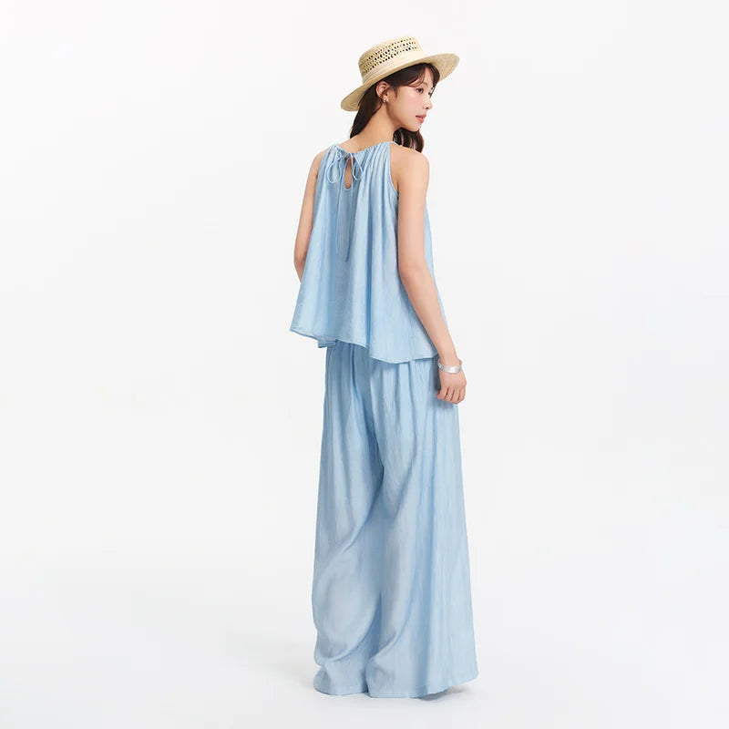 Semir Bowknot Strap Wide Leg Pants Set Women Summer New Linen Like Textured Two Piece Outfit for Vacation Style