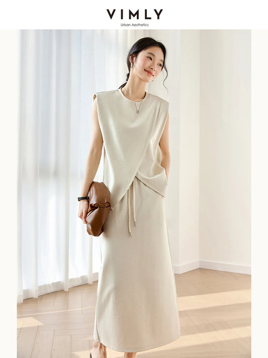 VIMLY Women's Summer Skirt Suit 2026 Office Lady Irregular Sleeveless Tops T-Shirt Straight Skirt Casual Simple Outfits M9656