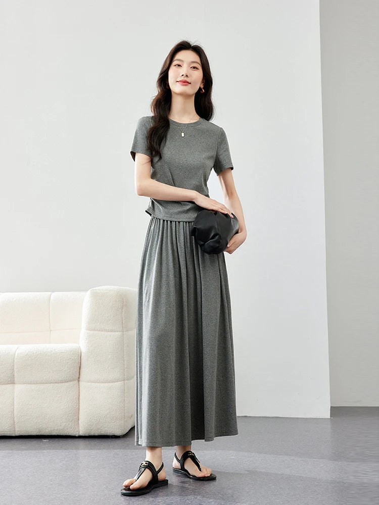 VIMLY Summer Sporty Casual Set Soft Air Cotton Short Sleeve Top Elastic Waist Loose Skirt Two Piece Solid Women Set Skirt M7669