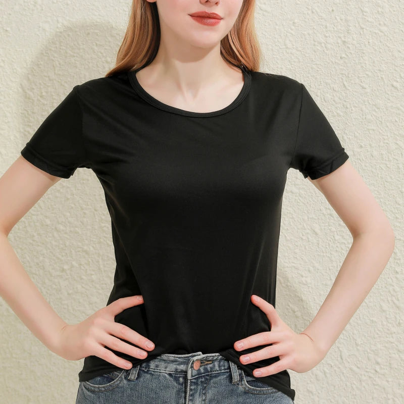2026 Short T-Shirts Summer Women's Short Sleeve Round Neck Casual Blouse Shirts Solid Color Tops  Black / White