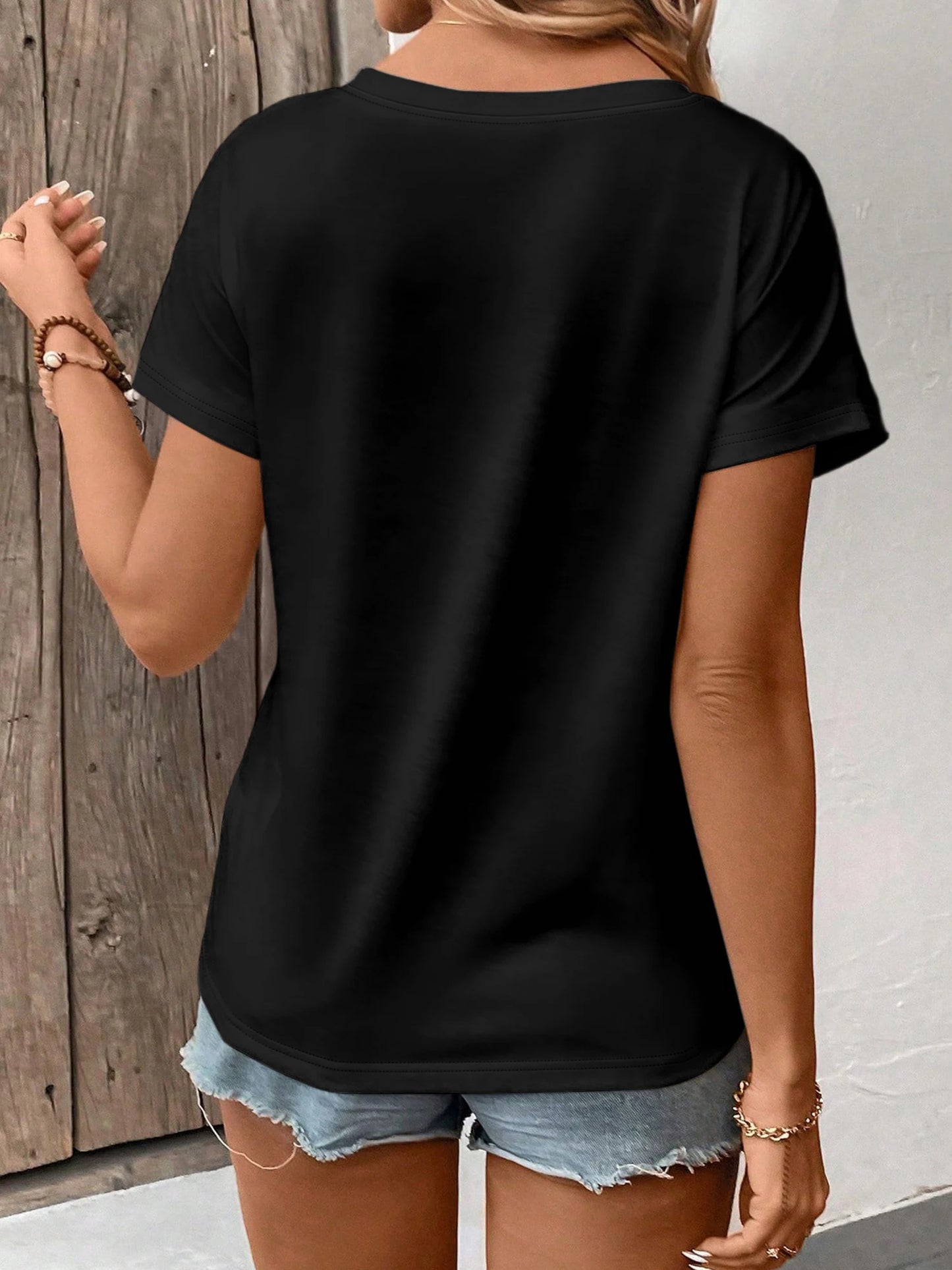 Women's Solid Color V-Neck T-Shirt - Oversized Short-Sleeve, Curved Hem, Soft Fabric, Available in Black, Gray & Navy