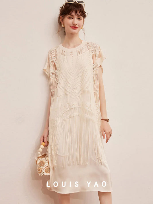 LOUIS YAO Dress Set Two-piece Set with Hollowed Out Lace Tassel Top and Elegant Camisole Dress Summer Dress for Women