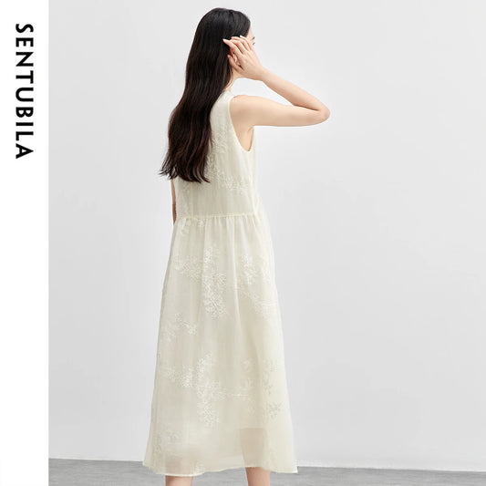 SENTUBILA Women Summer Dress 2026 Elegant Ladies Embroidery O Neck Sleeveless Tank Holiday Vacation Long Dresses Woman 151L58207
