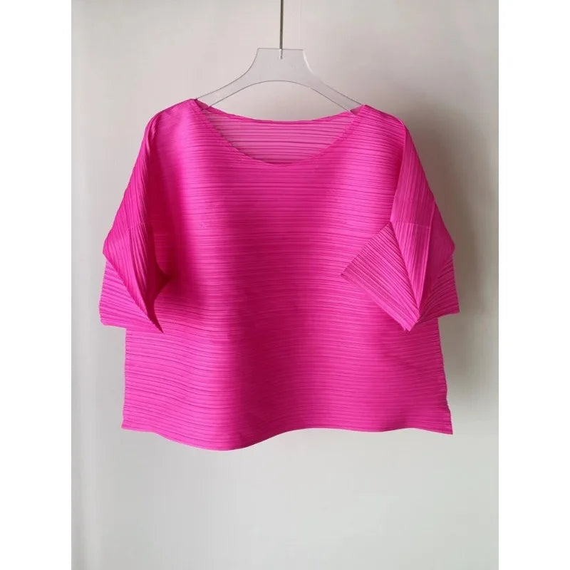 YUDX Pleated T-shirt For Women O-neck Flare Sleeves Solid Color Casual Tops Versatile Summer New Clothing