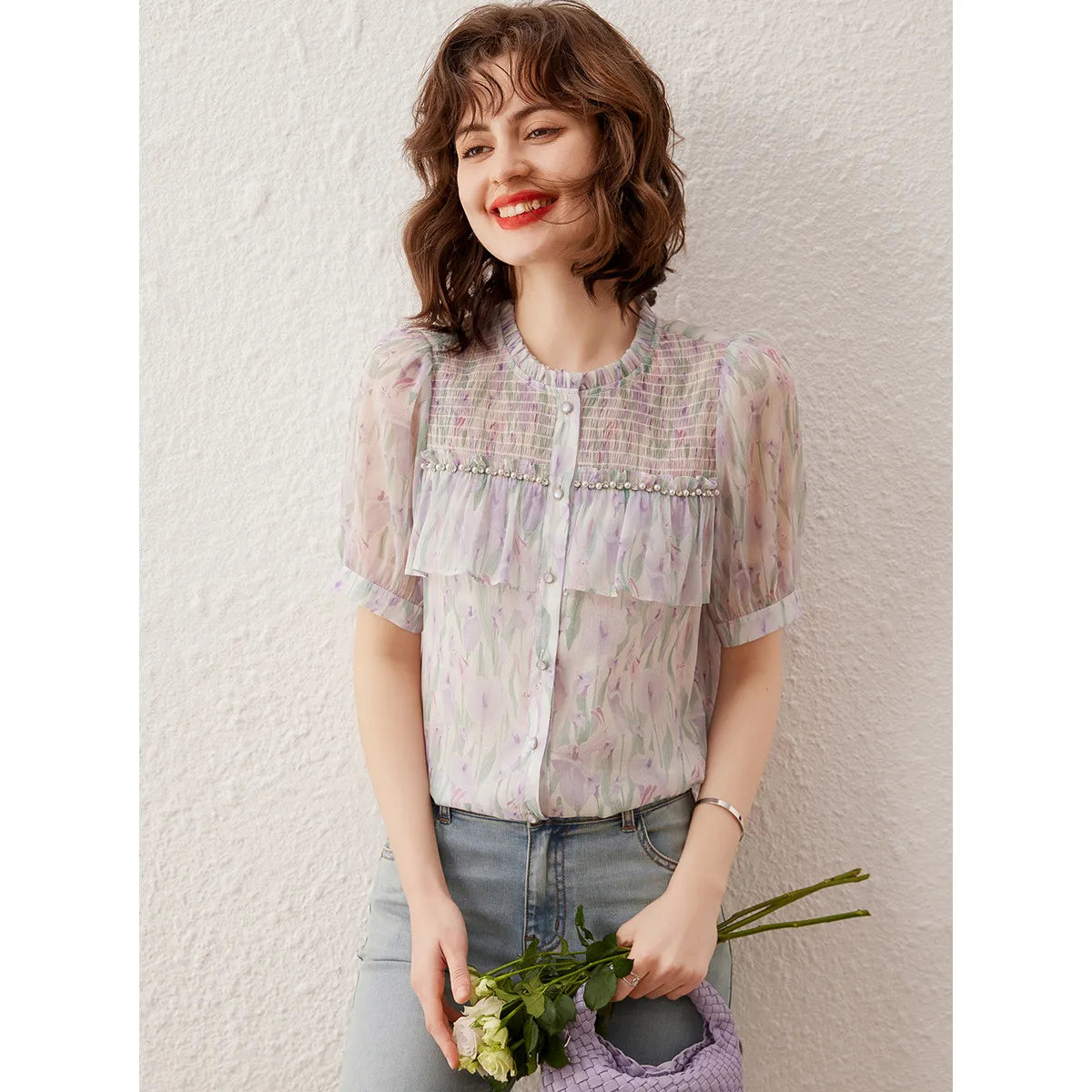 LOUIS YAO Women Shirt Elegant Print Beading Blouses Summer O Neck Short Sleeve Women's Top