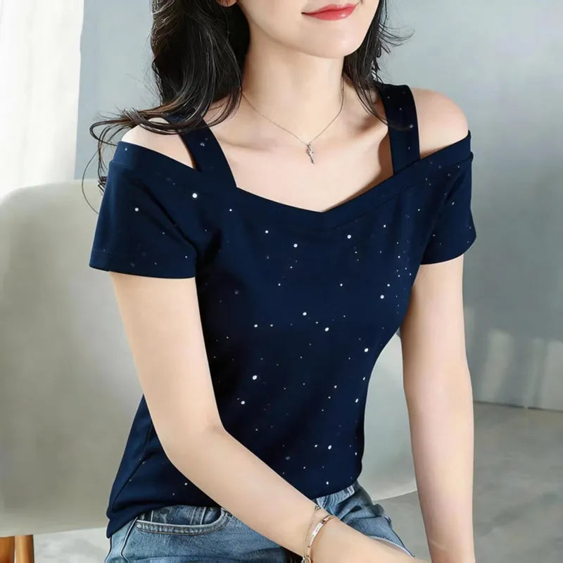 Womens Purple Cold Shoulder T-Shirt V Neck Double Strap Sparkle Dot Print Short Sleeve Slim Fit Casual Summer Top for Daily Wear