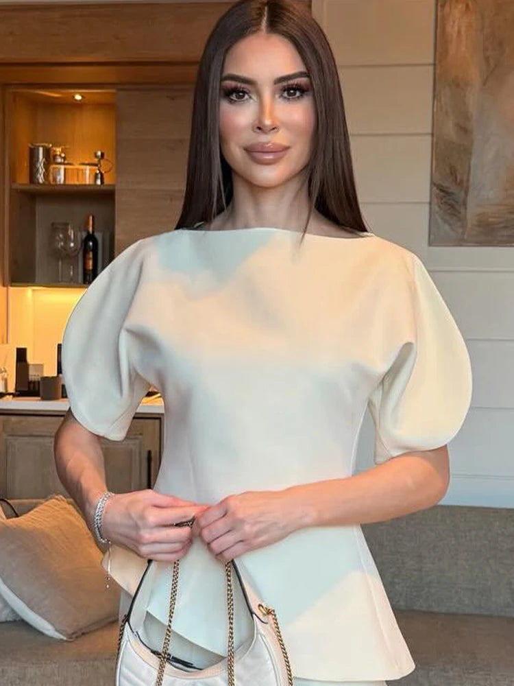 SLTNX Women's Elegant Vintage Short Puff Sleeve O-Neck Asymmetrical Hem Blouse - 2026 Spring Summer Y2K Streetwear Top