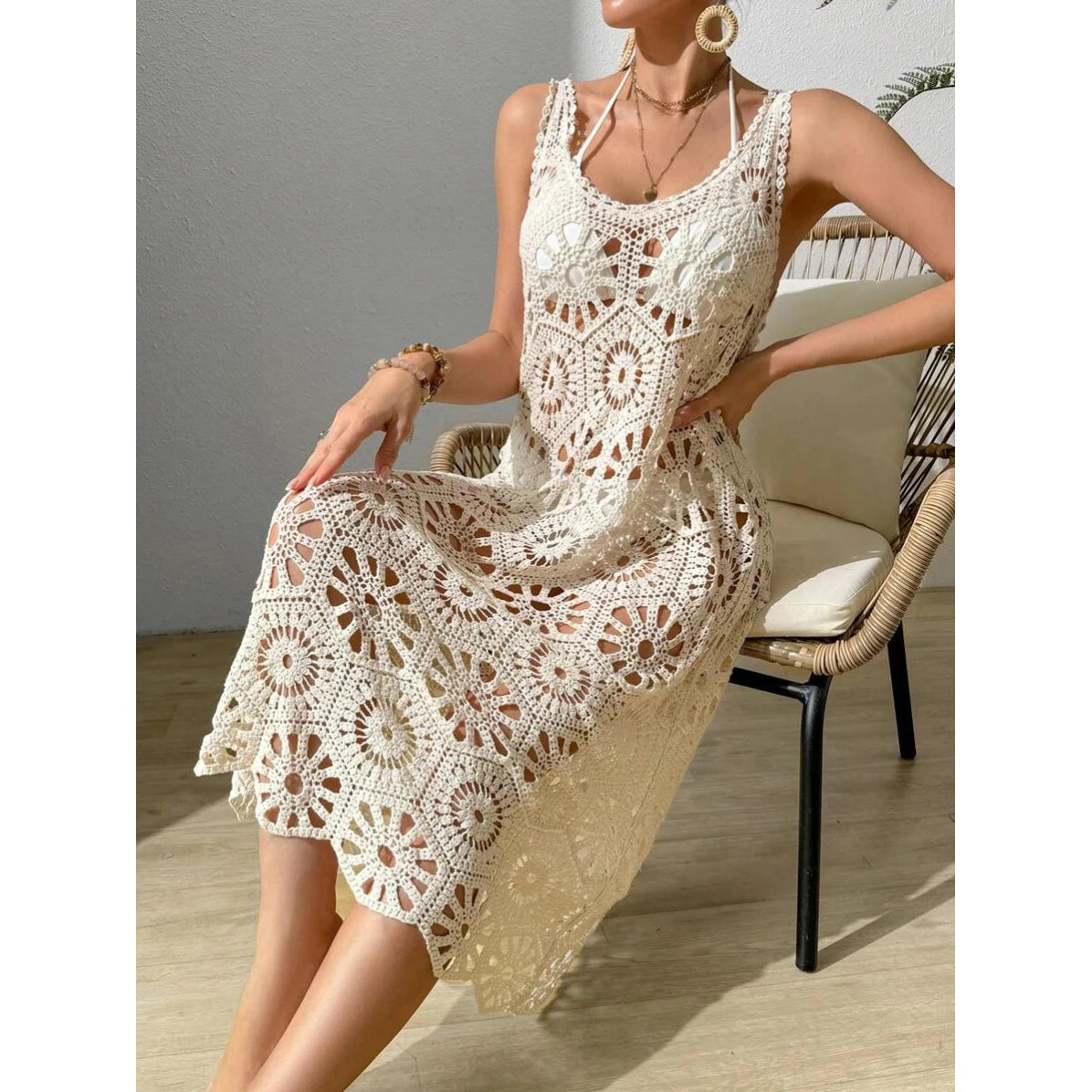3D Flower Knitted Sling Long Dress Women Sexy Deep V-neck Backless Sleeveless Lace Up Femme Robes 2026 Summer Beach Dresses