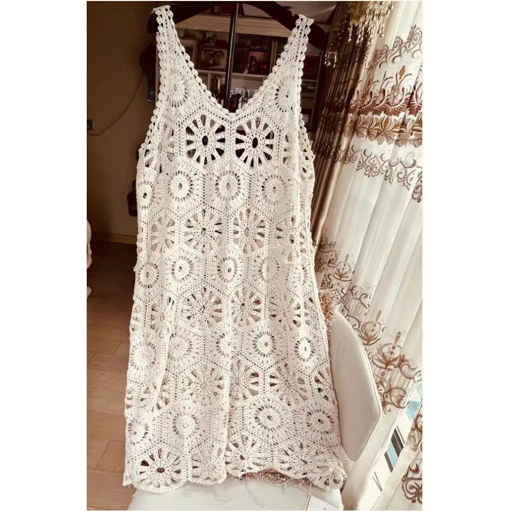 3D Flower Knitted Sling Long Dress Women Sexy Deep V-neck Backless Sleeveless Lace Up Femme Robes 2026 Summer Beach Dresses